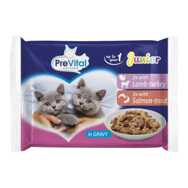 Kapsička pre mačky Prevital mačka Junior jahňa, morka, losos a pstruh, vrecko 100 g (4 pack)