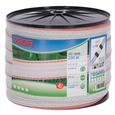 Ohradníková páska PROFI 40 mm, 200 m, 11 × 0,30 TriC, biela/červená