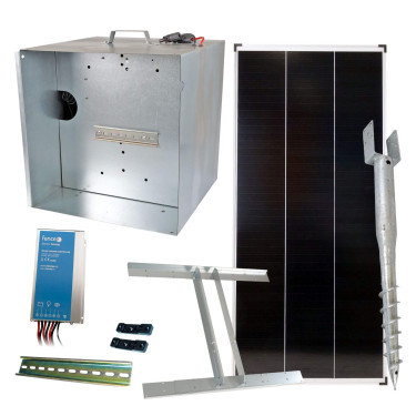 Základná sada na solárny ohradník s prenosnou schránkou, regulátor 15 A, panel 200 W, držiak, konzola